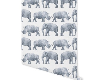 Gray Elephant and Rhino Watercolor Wallpaper/ Removable/ Peel and Stick/ Unpasted/ Pre-Pasted Wallpaper WW2273