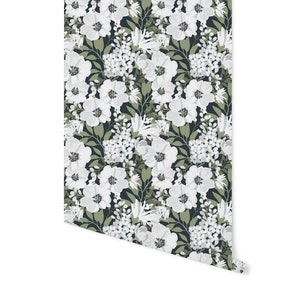 Peel and Stick Wallpaper Floral/ Black and White Floral Wallpaper/ Removable Wallpaper/ Unpasted Wallpaper/ Pre-Pasted Wallpaper WW1917