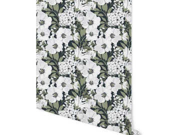Peel and Stick Wallpaper Floral/ Black and White Floral Wallpaper/ Removable Wallpaper/ Unpasted Wallpaper/ Pre-Pasted Wallpaper WW1917