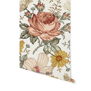 Peel and Stick Wallpaper Boho Floral Botanical Vintage High Quality Removable/ Boho Hand Drawn Floral Wallpaper WW2118