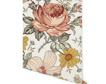 Peel and Stick Wallpaper Boho Floral Botanical Vintage High Quality Removable/ Boho Hand Drawn Floral Wallpaper WW2118