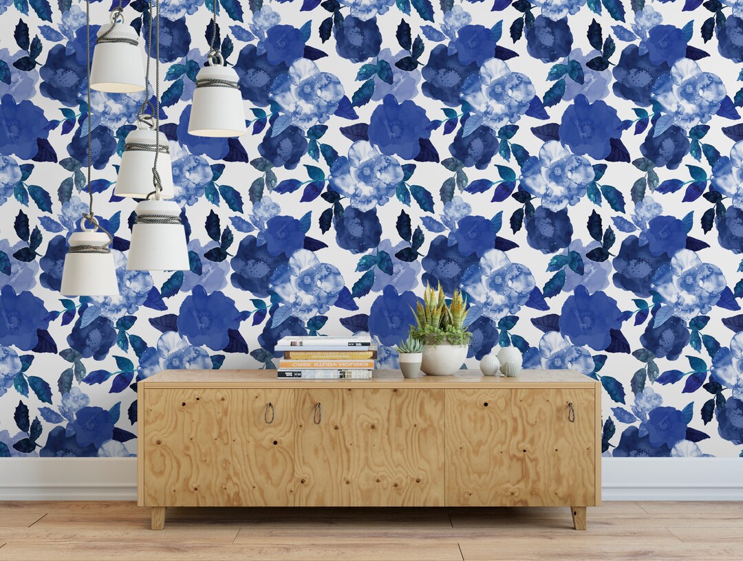 Navy and White Peel and Stick Wallpaper Floral Blue/ Blue Watercolor