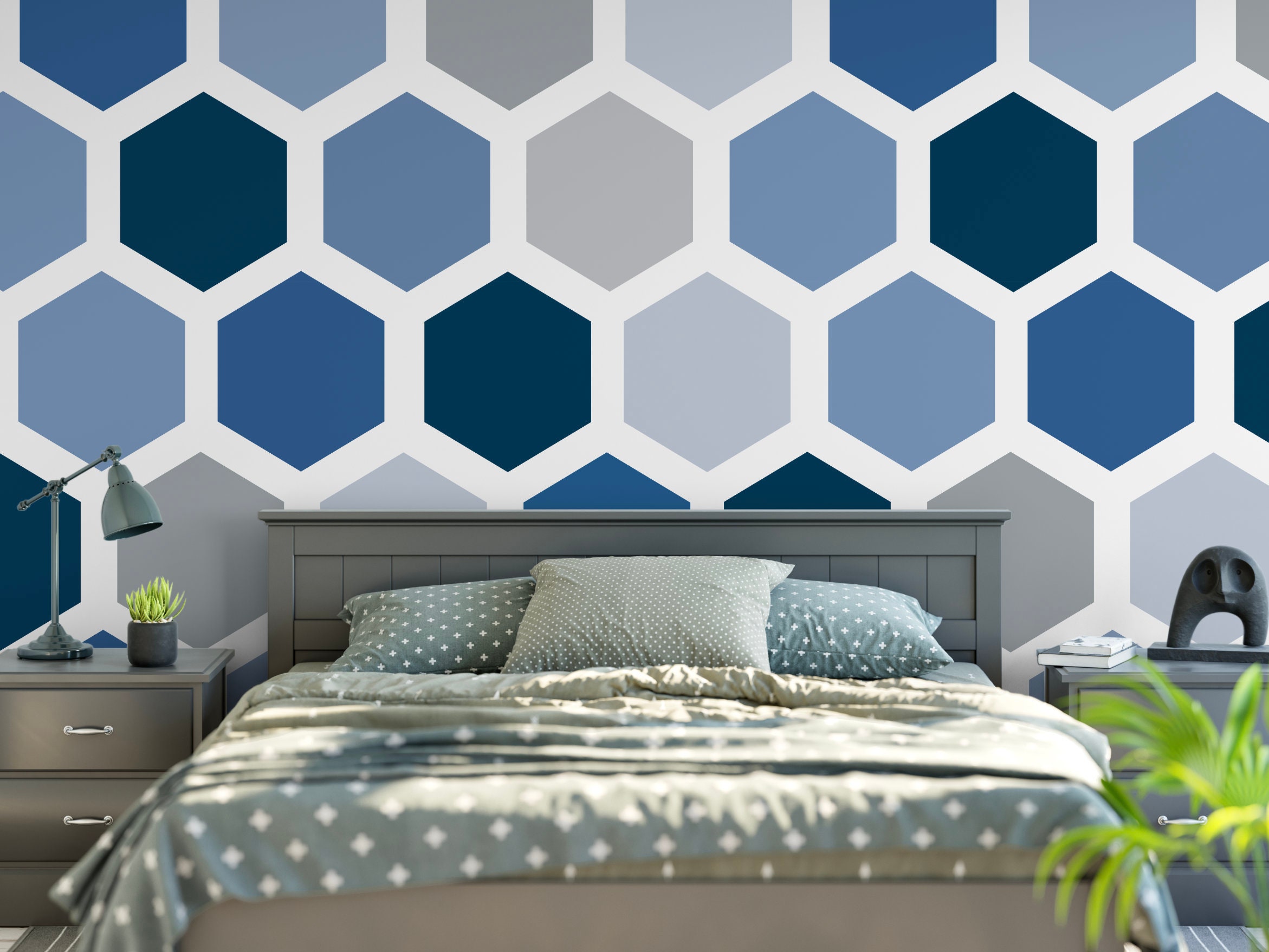 Removable Water-Activated Wallpaper Hexagon Blue Navy Large Scale Honeycomb 