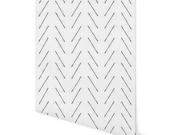 May include: White wallpaper with a black chevron pattern. The pattern is made up of thin, diagonal lines that create a repeating chevron shape.