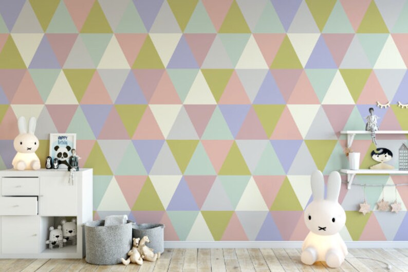 Green Peach and Teal Triangles Wallpaper // Removable | Etsy