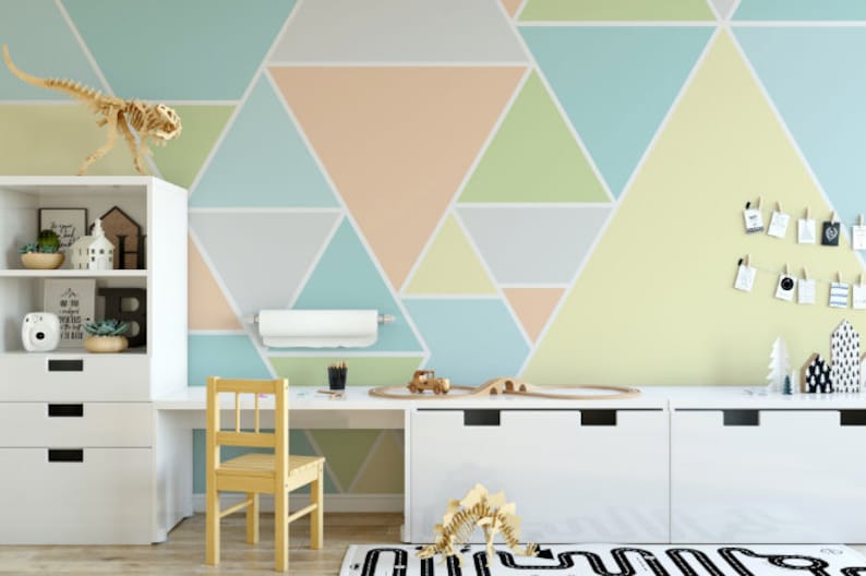 Green and Gray Triangles Removable Wallpaper Triangle Peel and Stick Wallpaper Self-Adhesive Reusable Wall Mural Abstract Peach