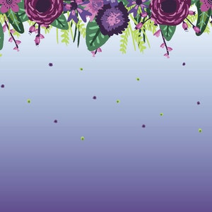 May include: A purple and green floral border with a gradient background. The flowers are arranged in a row at the top of the image, with a light blue background that fades to a darker purple at the bottom.