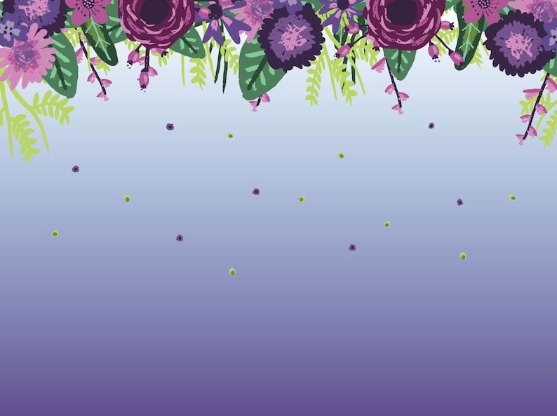 May include: A purple and green floral border with a gradient background. The flowers are arranged in a row at the top of the image, with a light blue background that fades to a darker purple at the bottom.