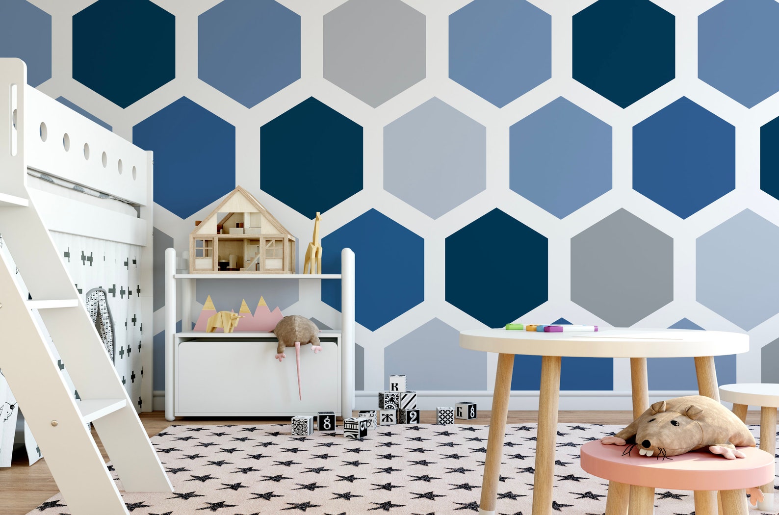 Peel and Stick Wallpaper Blue Hexagons/ Indigo Blue Hexagon Etsy