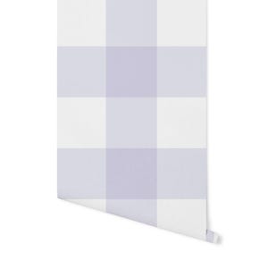 May include: A roll of lavender and white gingham patterned wallpaper.