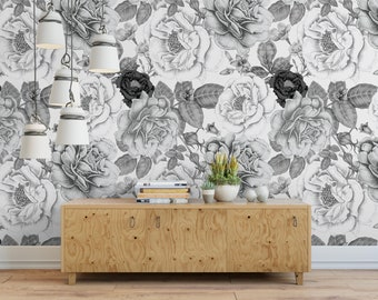 Peel and Stick Wallpaper Floral/ Vintage Black and White Roses Wallpaper/ Removable Wallpaper/ Unpasted Wallpaper/ Wallpaper WW1908