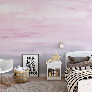 Wallpaper Ombre Pink Mural/ Peel and Stick Wallpaper Pink/ Pastel Pink & Gray Watercolor Wallpaper / Removable Wallpaper / Unpasted WW2018