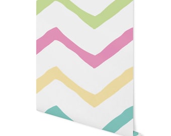 May include: A white background with a repeating pattern of pastel green, pink, yellow, and blue chevron stripes.