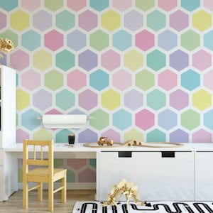 Peel and Stick Wallpaper Pink/ Candy Colored Hexagon Wallpaper/ Removable Wallpaper/ Unpasted Wallpaper/ Pre-Pasted Wallpaper WW1943