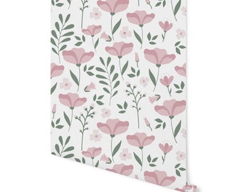 Peel and Stick Wallpaper Floral/ Dusty Rose Wildflower Floral Wallpaper/ Removable/ Unpasted/ Pre-Pasted Wallpaper WW1963