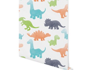 Peel and Stick Wallpaper Nursery/ Green and Gray Watercolor Dino Wallpaper/ Removable Wallpaper/ Unpasted Wallpaper/ Wallpaper WW2073