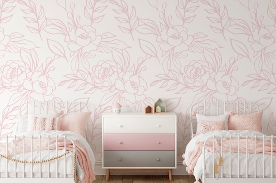 Peel and Stick Wallpaper Pink Floral/ Pink Hand Drawn Peony - Etsy
