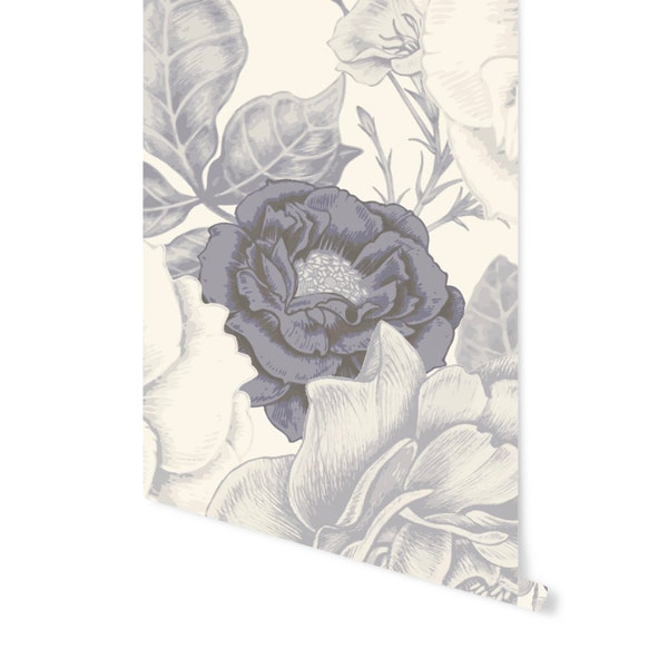 Creamy Vintage Navy Roses Wallpaper/ Removable Wallpaper/ Unpasted/ Pre-Pasted WW2334