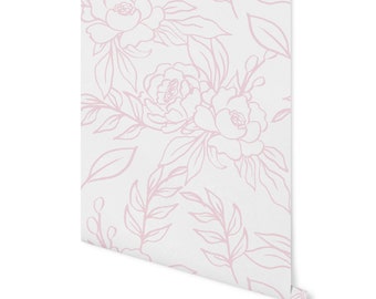 Peel and Stick Wallpaper Pink Floral/ Pink Hand Drawn Peony Wallpaper/ Removable Wallpaper/ Unpasted Wallpaper/ Pre-Pasted Wallpaper WW2222