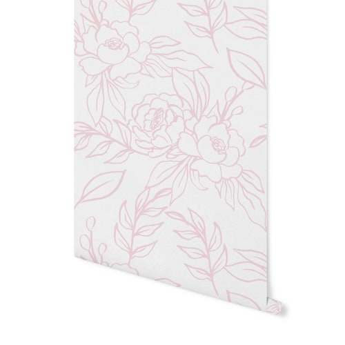 Peel and Stick Wallpaper Pink Floral/ Pink Hand Drawn Peony Wallpaper/ Removable Wallpaper/ Unpasted Wallpaper/ Pre-Pasted Wallpaper WW2222