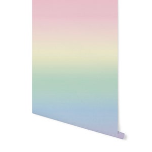May include: A roll of pastel ombre wallpaper with a gradient of pink, yellow, green, and blue.