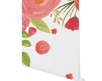 Pink Floral Wall Mural: Watercolor Flowers, Peel and Stick