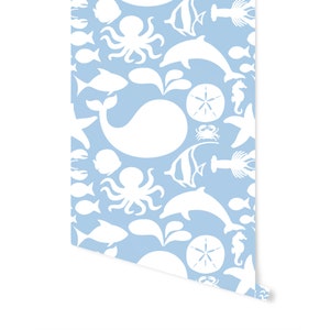 blue and white peel and stick wallpaper nautical coastal tropical kids nursery/ Blue Sea Life Wallpaper/ Removable Wallpaper WW1854