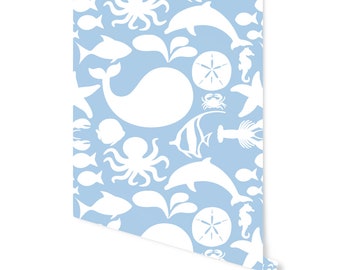 Blue Sea Life Peel and Stick Wallpaper, Nautical Nursery Decor