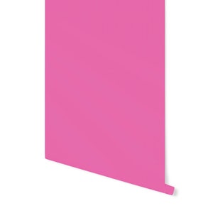 May include: A roll of solid pink wallpaper against a white background. The wallpaper is a vibrant shade of pink, with a slight sheen. The roll is partially unrolled, revealing the edge and the back of the paper.