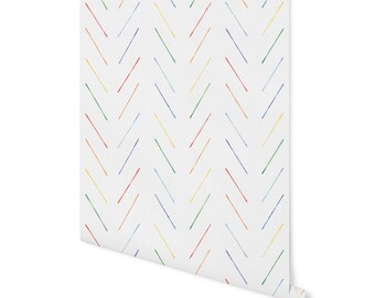 May include: White wallpaper with a repeating pattern of colorful diagonal lines. The lines are in shades of red, orange, yellow, green, blue, and purple.