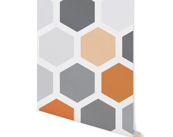 Peel and Stick Wallpaper Orange/ Gray and Tangerine Hexagon Wallpaper/ Removable Wallpaper/ Unpasted Wallpaper/ Pre-Pasted Wallpaper WW2067