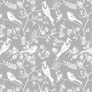 May include: A seamless pattern featuring white birds perched on branches with white flowers and leaves on a gray background.