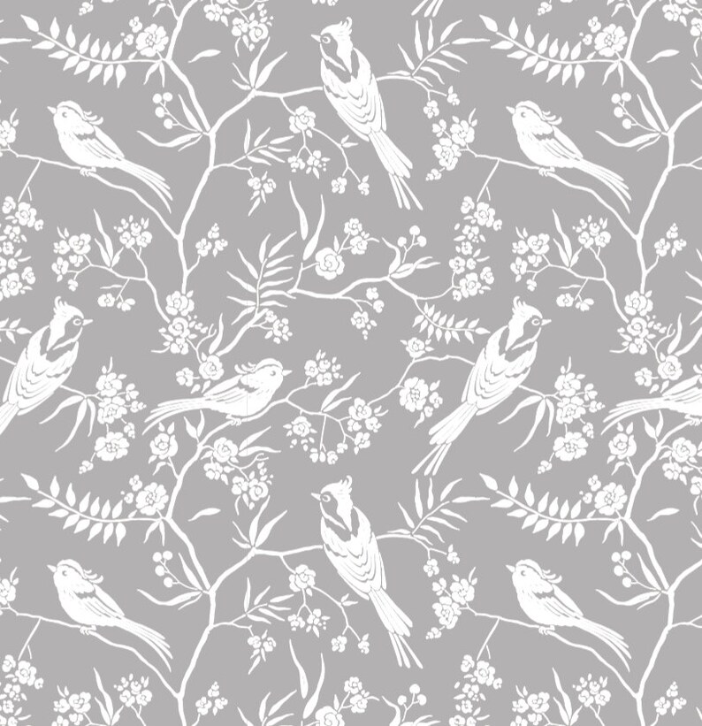 May include: A seamless pattern featuring white birds perched on branches with white flowers and leaves on a gray background.