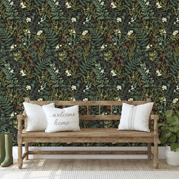 Peel and Stick Wallpaper Dark/ Fern and Berry Wallpaper/ Removable Wallpaper/ Unpasted Wallpaper/ Pre-Pasted Wallpaper WW2212