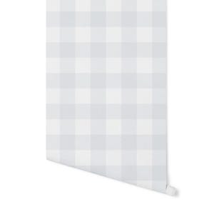 May include: White and light gray gingham wallpaper with a subtle texture. The wallpaper is rolled up and ready to be hung.