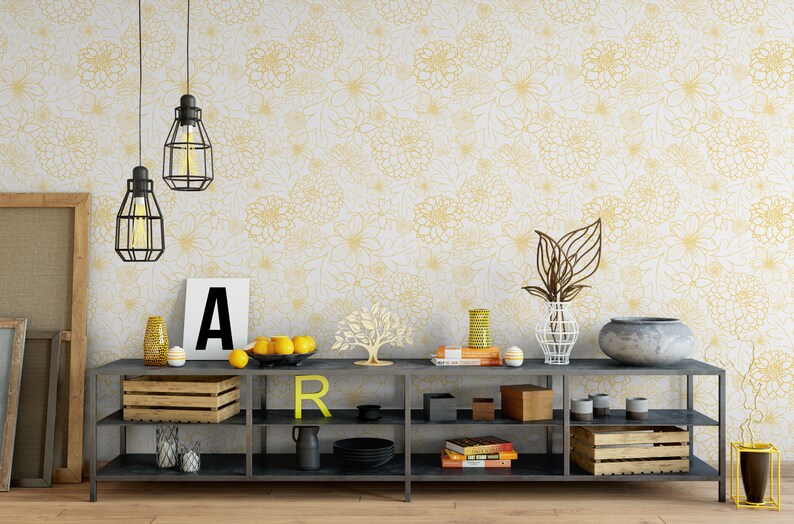 Mid Century Modern Yellow Dahlia Wallpaper // Removable Etsy
