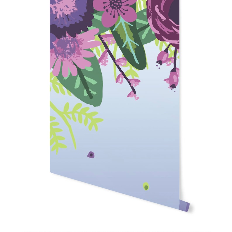 May include: A floral design wallpaper with a purple, pink, and green colour scheme. The design features a cluster of flowers and leaves in the top left corner of the image. The background is a light blue colour.