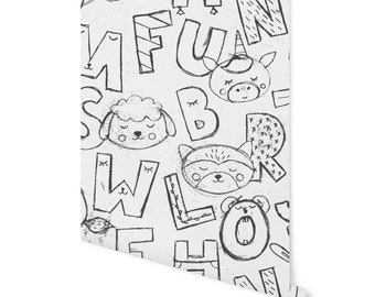 Alphabet Black and White Wallpaper/ Nursery Playroom kids Removable Wallpaper/ Peel and Stick/ Unpasted/ Pre-Pasted Wallpaper WW1859