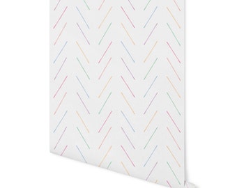 May include: White wallpaper with a repeating pattern of diagonal lines in shades of blue, green, orange, and pink.