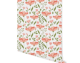 May include: A seamless pattern featuring pink flowers with green leaves and stems on a white background.