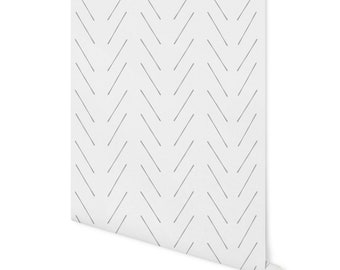 May include: White wallpaper with a repeating pattern of thin gray diagonal lines forming a chevron pattern.