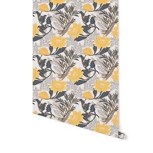 Peel and Stick Wallpaper Boho/ Yellow and Brown Boho Floral Wallpaper/ Removable Wallpaper/ Unpasted Wallpaper/ Pre-Pasted Wallpaper WW2241