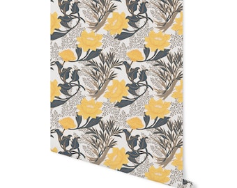 Peel and Stick Wallpaper Boho/ Yellow and Brown Boho Floral Wallpaper/ Removable Wallpaper/ Unpasted Wallpaper/ Pre-Pasted Wallpaper WW2241