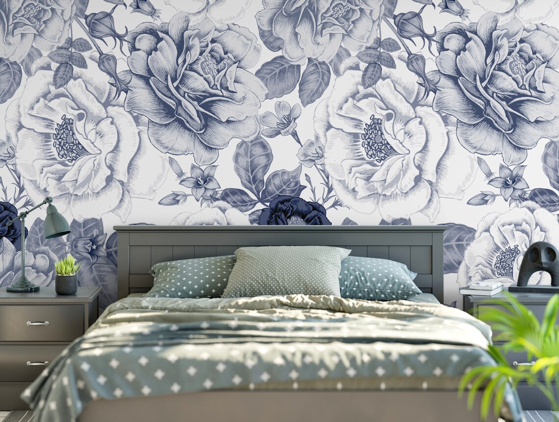 Navy Peel and Stick Wallpaper Blue and White Floral/ Vintage - Etsy