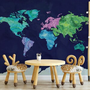 Wallpaper Blue World Map/ Peacock Colors Watercolor Map Wallpaper/ Removable/ Peel and Stick/ Unpasted/ Pre-Pasted Wallpaper WW1864