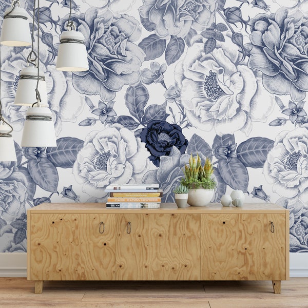 Navy Peel and Stick Wallpaper Blue and White Floral/ Vintage Navy Roses Wallpaper/ Removable Wallpaper/ Unpasted/ Pre-Pasted WW1920