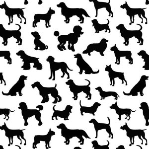 May include: A seamless pattern featuring black silhouettes of various dog breeds, including a poodle, dachshund, and cocker spaniel. The dogs are arranged in a random pattern against a white background.