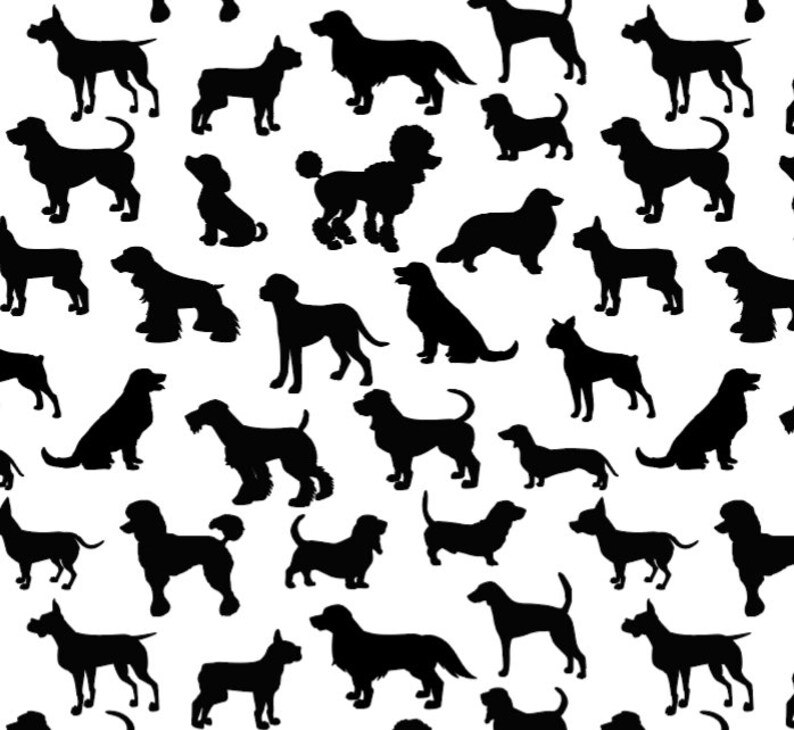 May include: A seamless pattern featuring black silhouettes of various dog breeds, including a poodle, dachshund, and cocker spaniel. The dogs are arranged in a random pattern against a white background.
