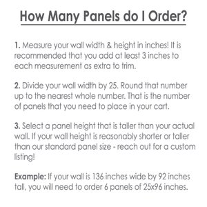 Op de afbeelding: Een zwart-wit afbeelding met de tekst "How Many Panels do I Order?" en instructies over het meten van een muur voor panelen. De instructies zijn genummerd en bevatten een voorbeeld van een muur van 345 cm breed en 234 cm hoog.
