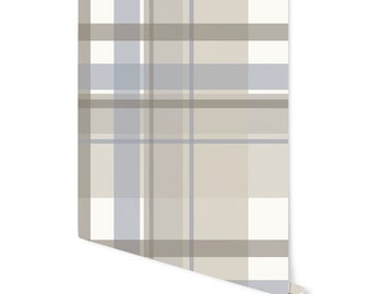 May include: A roll of wallpaper with a plaid pattern in shades of brown, gray, and white.